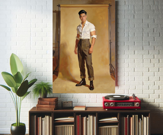 Vintage 1950s Asian Male Pinup Poster – Retro Oil Painting Wall Art, Midcentury Cheesecake Illustration