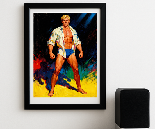 Gay Pulp Art Poster: Muscular Blonde Hunk Full Body Open Shirt Retro Style