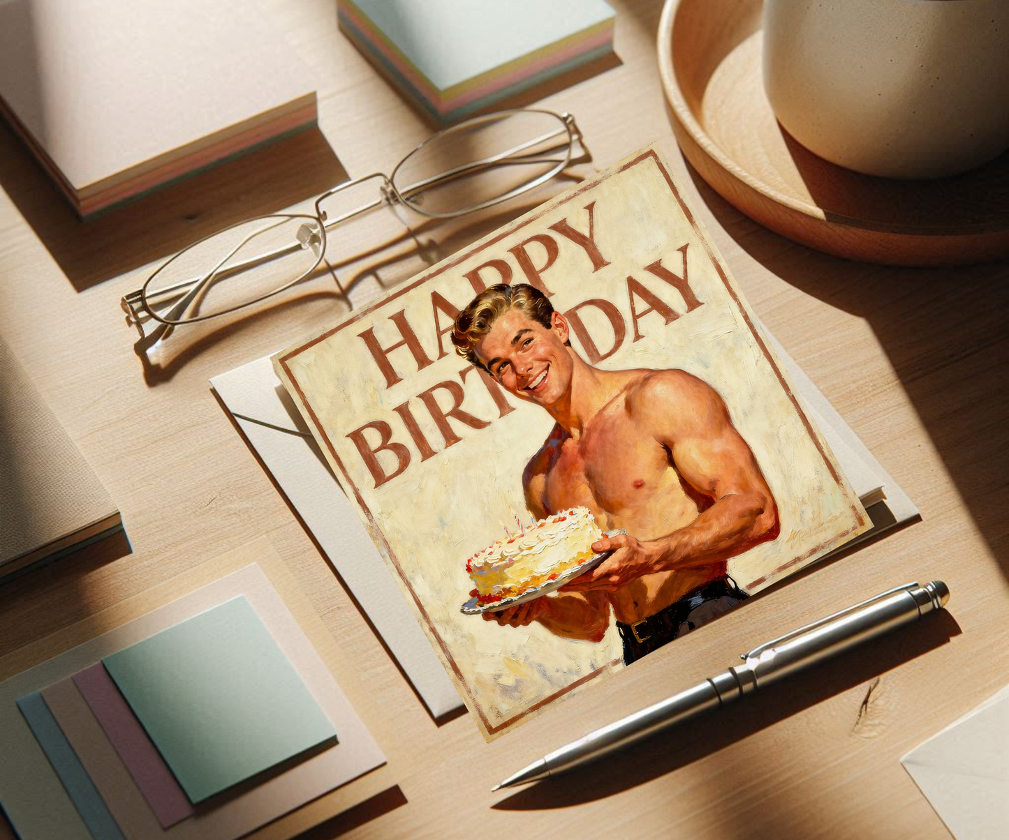 1950s Male Pinup Birthday Cake Oil Painting Greeting Card - Vintage Retro Happy Birthday Square Art