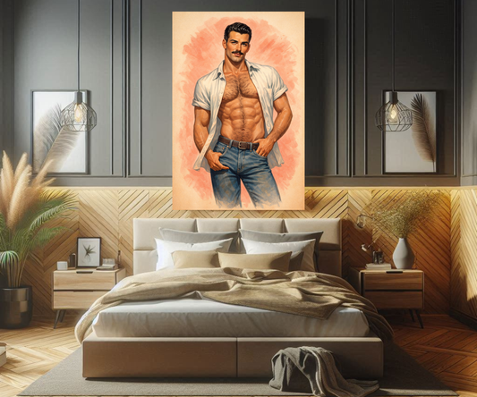 1970s Gay Male Pinup Poster, Vintage Homoerotic Wall Art, Retro Open Shirt Jeans Illustration, Mid Century Queer Art Print