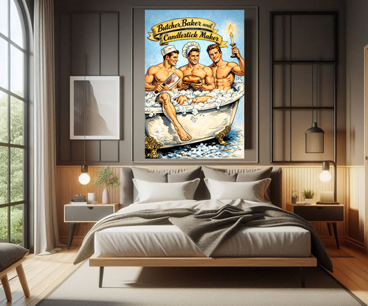 Butcher Baker Candlestick Maker Poster Wall Art, Vintage Gay Pinup Art, Queer Comic Style, Retro Muscle Men Illustration, LGBTQ