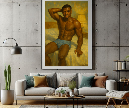 Black Male Pin Up Art Print, 1960s Style Oil Painting Poster, Muscular Queer Lgbt Wall Decor, Retro Bedroom Artwork