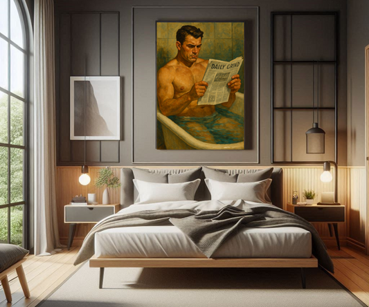 Queer Muscle Hunk In Bathtub Oil Painting Poster, Vintage Homoerotic Art Gay