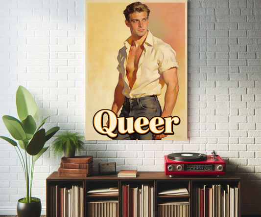 Queer 1950s Gay Pinup Poster – Vintage Male Pinup Wall Art, Open Shirt and Jeans LGBTQ Decor