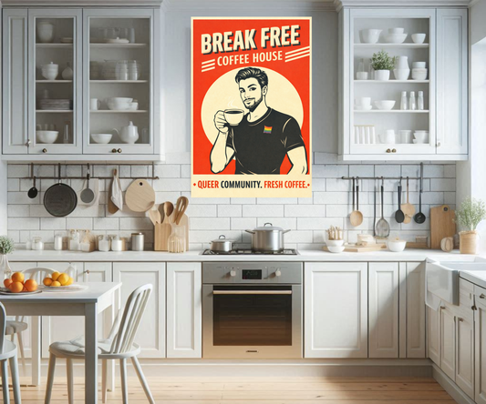 Queer Gay Coffee House Poster, Retro Style Art Print, Vintage Coffee Shop Wall Decor, Gay Inclusive Artwork