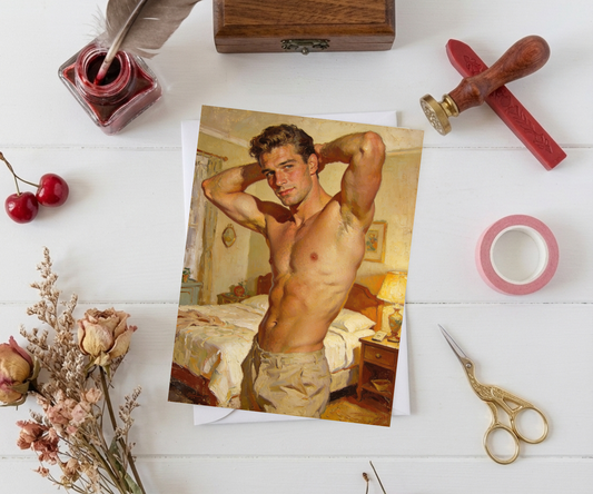 1950s Shirtless Male Pinup Bedroom Oil Painting Gay Queer Greeting Card Note Card 4.5 X 6