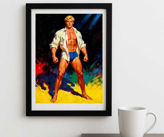 Gay Pulp Art Poster: Muscular Blonde Hunk Full Body Open Shirt Retro Style