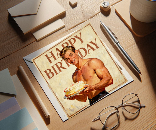 1950s Male Pinup Birthday Cake Oil Painting Greeting Card - Vintage Retro Happy Birthday Square Art