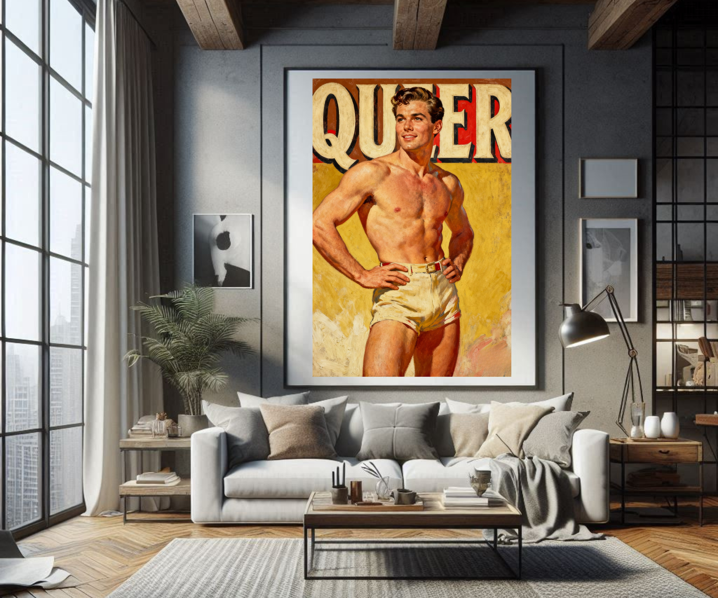 1950s Male Pinup Queer Oil Painting Poster - Vintage Gay Retro Art Print with Bold Text
