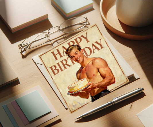 1950s Male Pinup Birthday Cake Oil Painting Greeting Card - Vintage Retro Happy Birthday Square Art