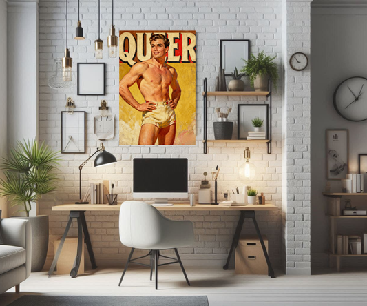 1950s Male Pinup Queer Oil Painting Poster - Vintage Gay Retro Art Print with Bold Text
