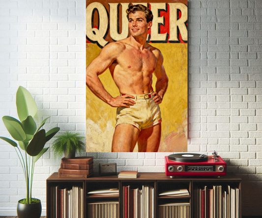 1950s Male Pinup Queer Oil Painting Poster - Vintage Gay Retro Art Print with Bold Text