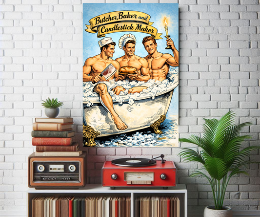 Butcher Baker Candlestick Maker Poster Wall Art, Vintage Gay Pinup Art, Queer Comic Style, Retro Muscle Men Illustration, LGBTQ