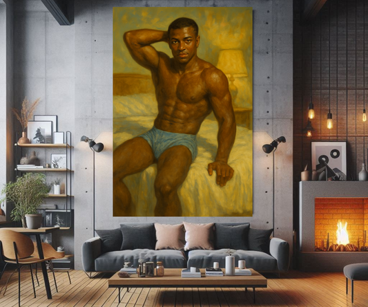 Black Male Pin Up Art Print, 1960s Style Oil Painting Poster, Muscular Queer Lgbt Wall Decor, Retro Bedroom Artwork