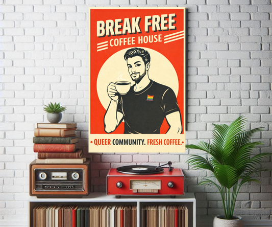 Queer Gay Coffee House Poster, Retro Style Art Print, Vintage Coffee Shop Wall Decor, Gay Inclusive Artwork