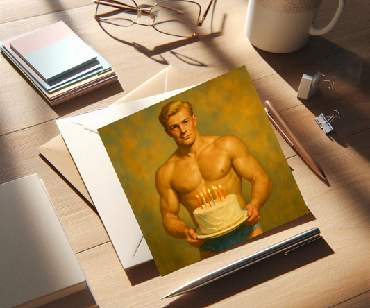 Vintage Gay Birthday Card, 1950s Muscle Man Holding Cake, Funny Queer Greeting Card For Him, Retro Gay Art Print