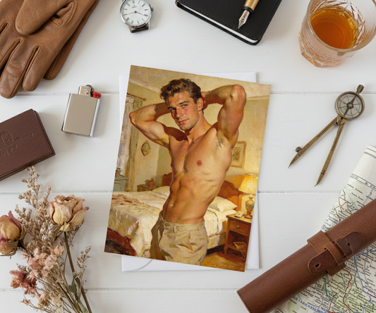 1950s Shirtless Male Pinup Bedroom Oil Painting Gay Queer Greeting Card Note Card 4.5 X 6