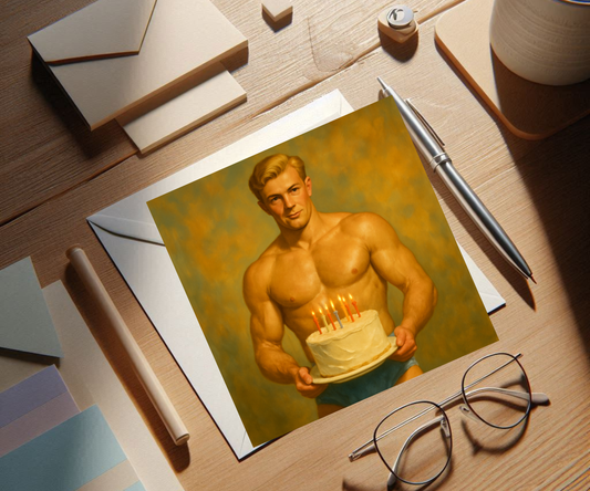 Vintage Gay Birthday Card, 1950s Muscle Man Holding Cake, Funny Queer Greeting Card For Him, Retro Gay Art Print