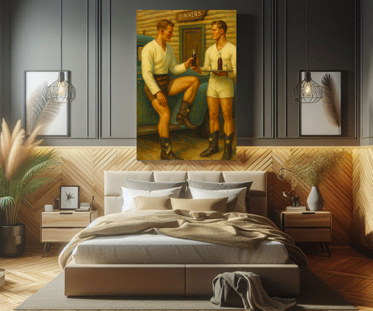 1950s Gay Vintage Art Print, Retro Homoerotic Oil Painting Poster, Mid-Century Masculine Wall Decor for Queer Men